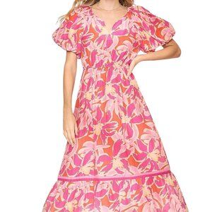 Pink Floral Puff Sleeve Midi Dress